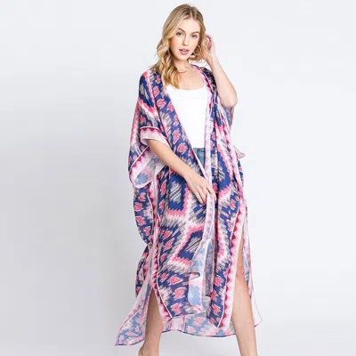 Truedames Aztec Print Open Front Long Kimono Poncho In Purple