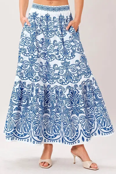Truedames Azure Ornate Woven Full Midi Skirt In Brown
