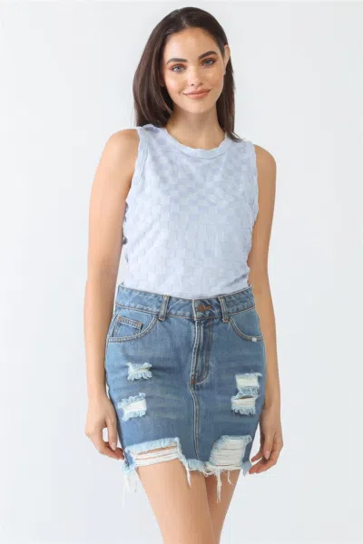 Truedames Baby Blue Chess Cage Print Cotton Blend Sleeveless Bodysuit