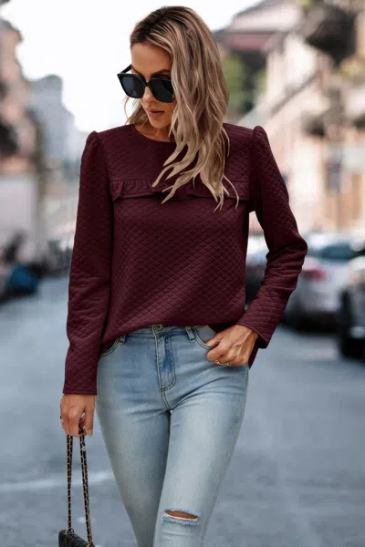 Truedames Back Ruffled Detail Crewneck Ruffle Pullover In Burgundy