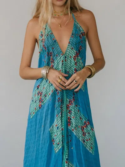 Truedames Backless Printed Halter Neck Maxi Dress In Blue
