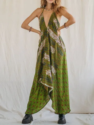 Truedames Backless Printed Halter Neck Maxi Dress In Green
