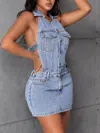 Truedames Backless Sleeveless Button Front Denim Mini Dress In Blue