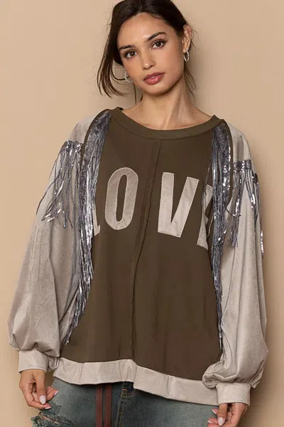 Truedames Balloon Sleeve French Terry Sweatshirt With Sequin Tassel In Multi