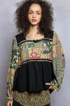 Truedames Balloon Sleeve Peplum Blouse With Trim Detail In Multi