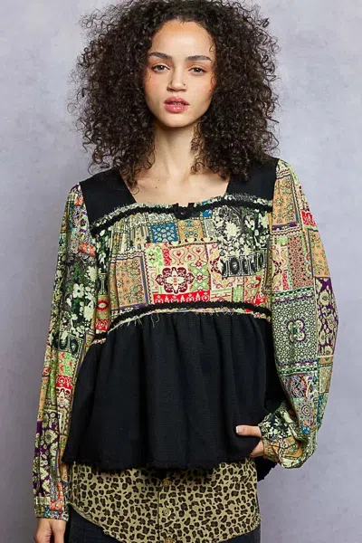 Truedames Balloon Sleeve Peplum Blouse With Trim Detail In Multi