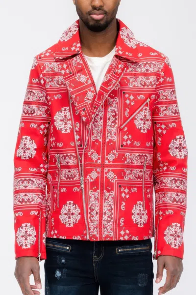 Truedames Bandana Print Vegan Leather Jacket In Red