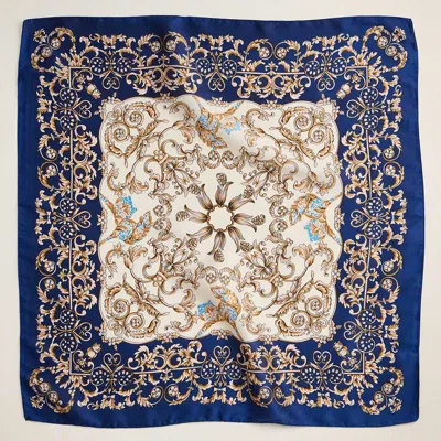 Truedames Baroque Scroll Printed Square Silky Satin Scarf In Blue