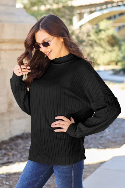 Truedames Basic Bae Full Size Ribbed Exposed Seam Mock Neck Knit Top In Black