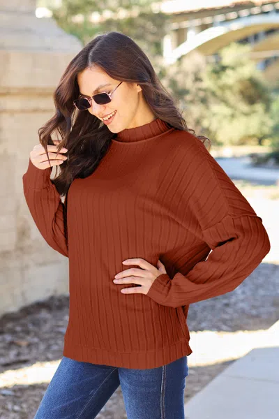 Truedames Basic Bae Full Size Ribbed Exposed Seam Mock Neck Knit Top In Brown