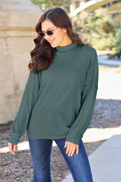 Truedames Basic Bae Full Size Ribbed Exposed Seam Mock Neck Knit Top In Green