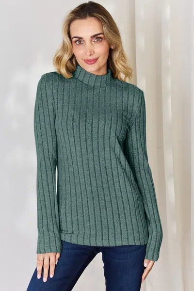 Truedames Basic Bae Full Size Ribbed Mock Neck Long Sleeve T-shirt In Green