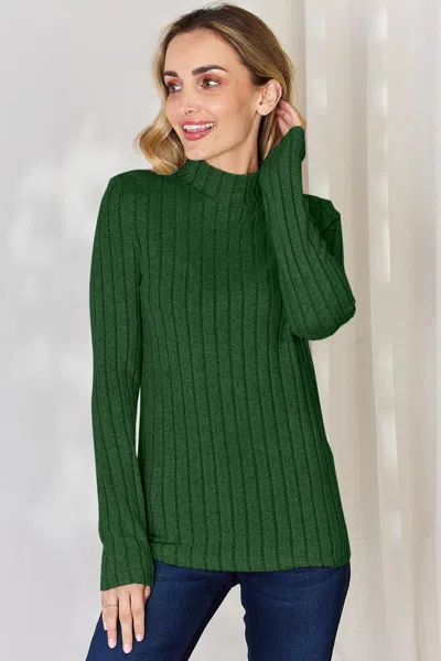 Truedames Basic Bae Full Size Ribbed Mock Neck Long Sleeve T-shirt In Green