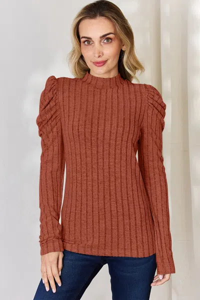 Truedames Basic Bae Full Size Ribbed Mock Neck Puff Sleeve T-shirt In Brown