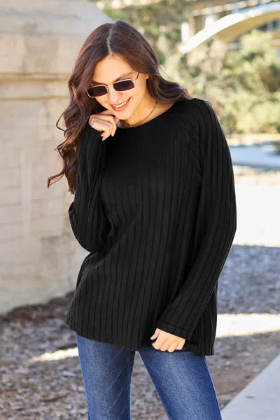 Truedames Basic Bae Full Size Ribbed Round Neck Long Sleeve Knit Top In Black