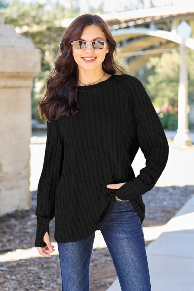 Truedames Basic Bae Full Size Ribbed Round Neck Long Sleeve Knit Top In Black