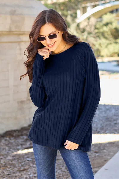 Truedames Basic Bae Full Size Ribbed Round Neck Long Sleeve Knit Top In Blue