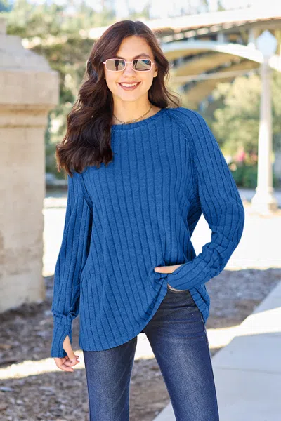 Truedames Basic Bae Full Size Ribbed Round Neck Long Sleeve Knit Top In Blue