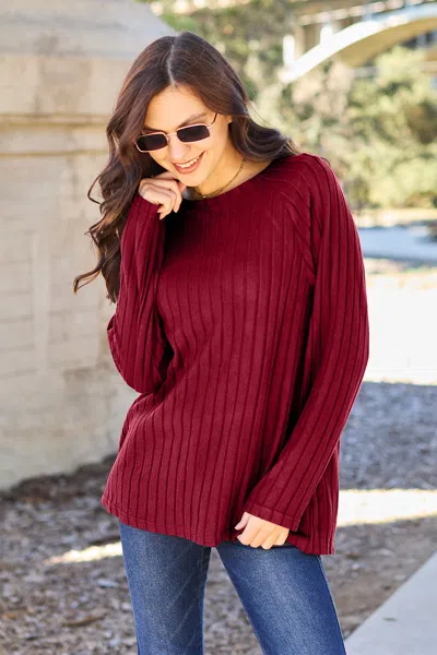 Truedames Basic Bae Full Size Ribbed Round Neck Long Sleeve Knit Top In Red