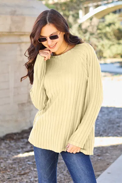 Truedames Basic Bae Full Size Ribbed Round Neck Long Sleeve Knit Top In Yellow