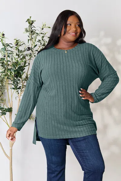 Truedames Basic Bae Full Size Ribbed Round Neck Long Sleeve Slit Top In Green