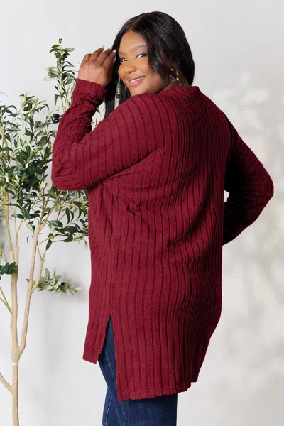 Truedames Basic Bae Full Size Ribbed Round Neck Long Sleeve Slit Top In Red