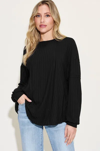 Truedames Basic Bae Full Size Ribbed Round Neck Long Sleeve T-shirt In Black