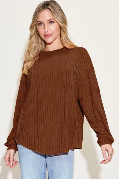 Truedames Basic Bae Full Size Ribbed Round Neck Long Sleeve T-shirt In Brown