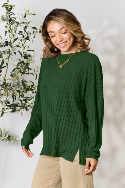 Truedames Basic Bae Full Size Ribbed Round Neck Slit Knit Top In Green