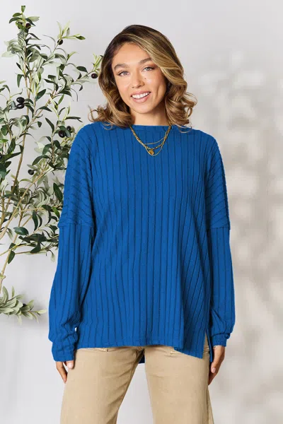 Truedames Basic Bae Full Size Ribbed Round Neck Slit Knit Top In Multi