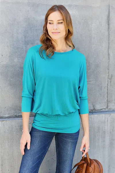 Truedames Basic Bae Full Size Round Neck Batwing Sleeve Blouse In Blue