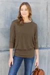 Truedames Basic Bae Full Size Round Neck Batwing Sleeve Blouse In Brown