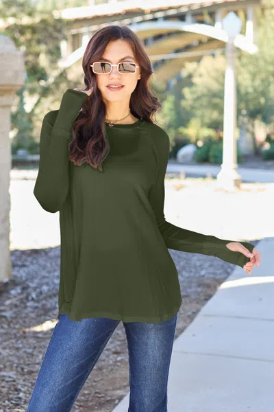 Truedames Basic Bae Full Size Round Neck Long Sleeve T-shirt In Green