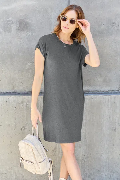 Truedames Basic Bae Full Size Round Neck Short Sleeve Dress With Pockets In Brown