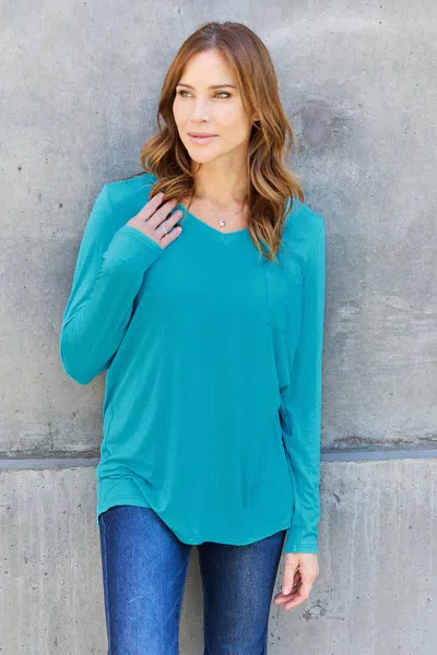Truedames Basic Bae Full Size V-neck Long Sleeve Top In Blue