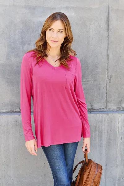 Truedames Basic Bae Full Size V-neck Long Sleeve Top In Pink
