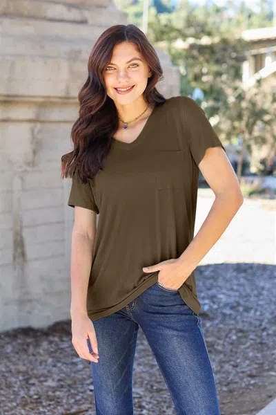 Truedames Basic Bae Full Size V-neck Short Sleeve T-shirt In Brown