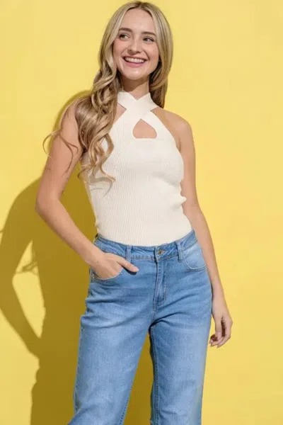 Truedames Basic Rib Cross Halter Neck Tank Top In White