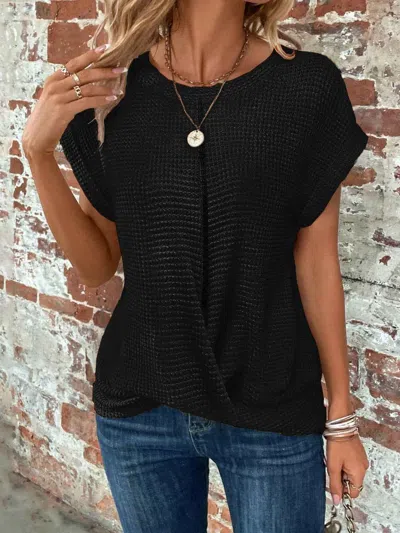 Truedames Batwing Sleeve Twist Hem Waffle Knit Tee In Black