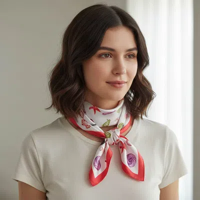 Truedames Beach Day Sea Life Printed Square Silky Satin Bandana Scarf In Red