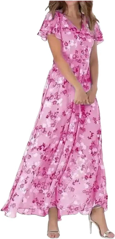 Truedames Beach Flared Maxi Dress Chiffon Floral Short Sleeve Ruffle V-neck Fashion Waist-defining Dress In Pink