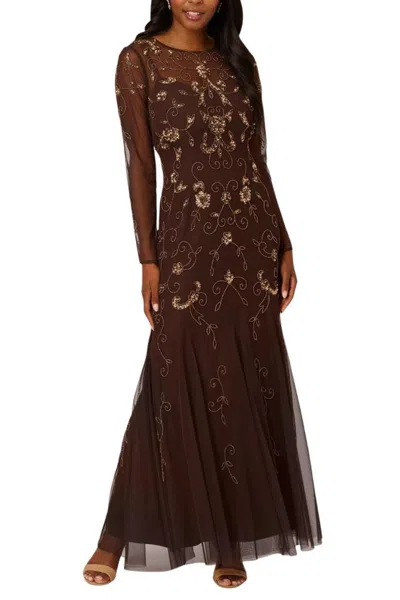 Truedames Bead Details Boat Neckline Long Sleeves Fit-and-flare Silhouette Maxi Dress In Brown