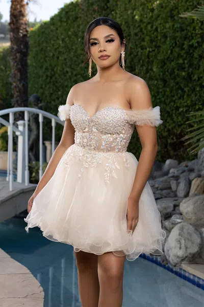 Truedames Beaded Short Homecoming Dress With Tulle Skirt Off-shoulder Corset Dress In White