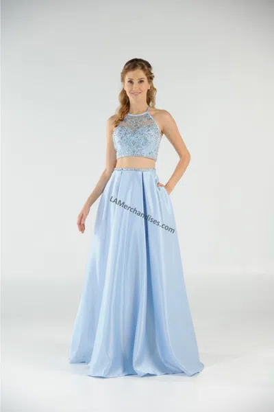 Truedames Beaded Top With Long Satin Skirt & Side Pockets In Blue