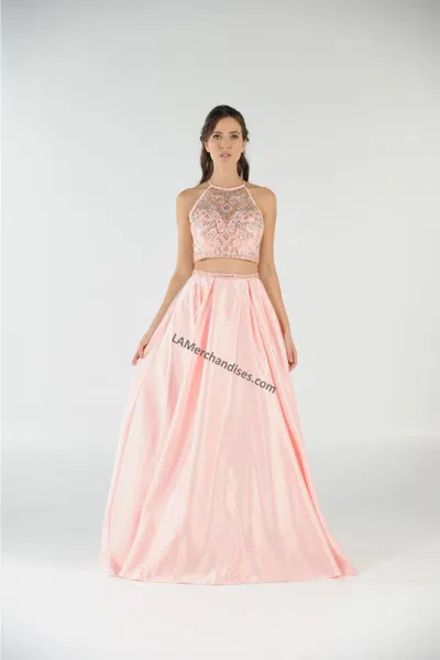 Truedames Beaded Top With Long Satin Skirt & Side Pockets In Pink