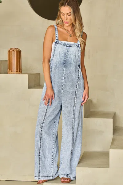 Truedames Beau Blue Light Wash Frayed Exposed Seam Wide Leg Denim Overall In Multi