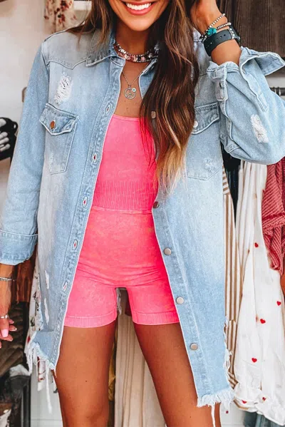 Truedames Beau Blue Mineral Wash Distressed Frayed Long Denim Jacket In Multi