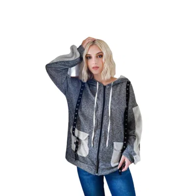 Truedames Belt & Reversed Details Zip-up Hooded Sweater In Gray