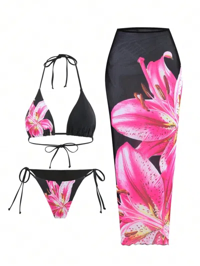 Truedames Bikini Cover Up Sexy Lily Printed Swimsuit Three Piece Set In Multi