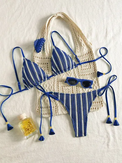 Truedames Bikini Set Special Multi Color Double Strap Swimsuit Women's Bathing Suit In Blue